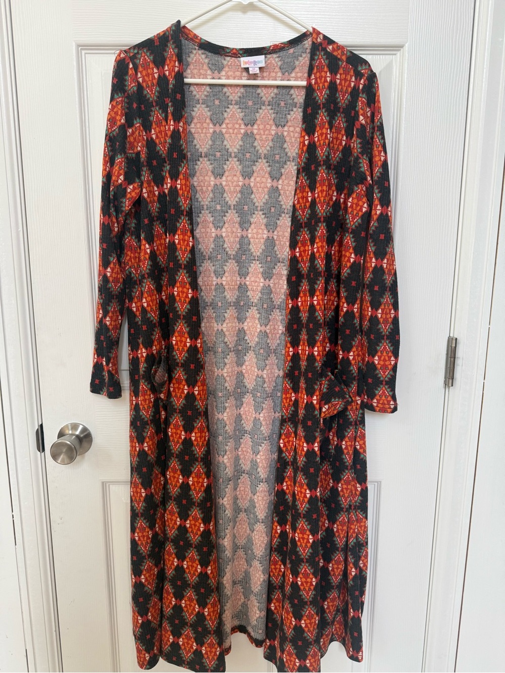 LuLaRoe Black & Orange Diamond-Print Long Open Cardigan